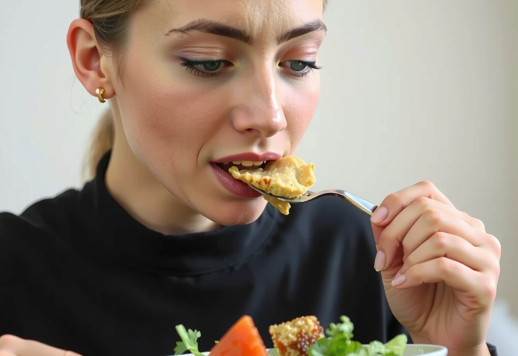 Eine Person, die achtsam einen Bissen von einer Mahlzeit genießt, mit Fokus auf die Textur und den Geschmack.