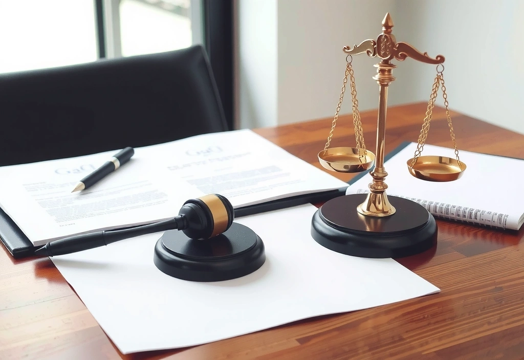 Rechtliche Dokumente und eine Waage, die Gerechtigkeit symbolisiert.
