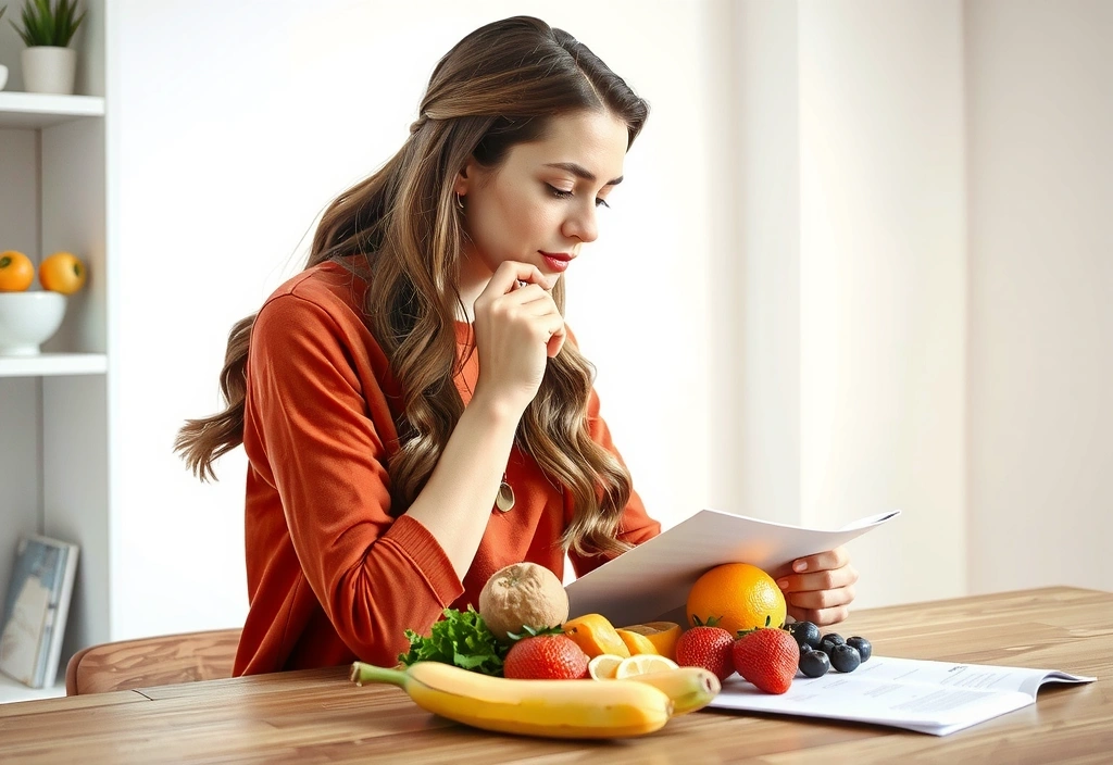 Frau studiert einen individuellen Ernährungsplan mit frischen Zutaten auf dem Tisch